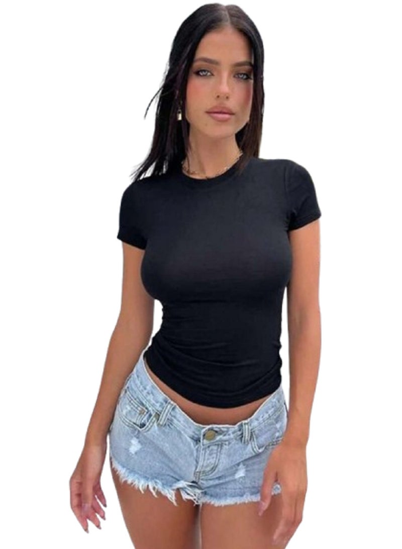 T-Shirt Women's Plain Short Sleeve with Round Neck - Image 2