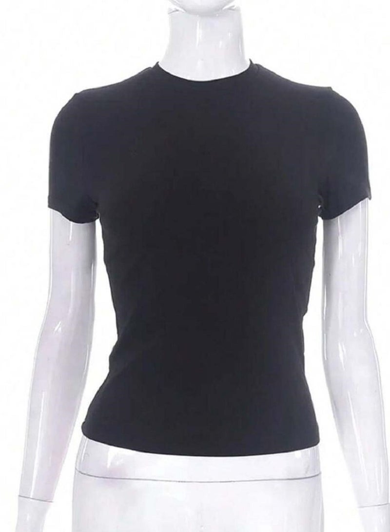 T-Shirt Women's Plain Short Sleeve with Round Neck - Image 4