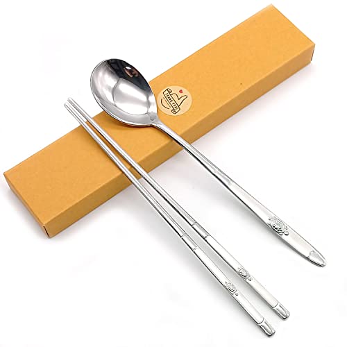 SUPIA Korean Traditional Cutlery Stainless Steel Spoons and Chopsticks Set Tableware with Long-hand, Reusable (Silver Turtle) - Image 3