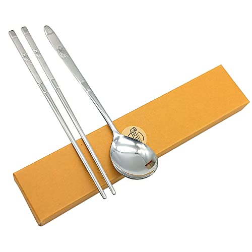 SUPIA Korean Traditional Cutlery Stainless Steel Spoons and Chopsticks Set Tableware with Long-hand, Reusable (Silver Turtle) - Image 1