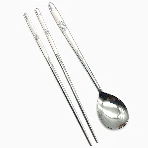 SUPIA Korean Traditional Cutlery Stainless Steel Spoons and Chopsticks Set Tableware with Long-hand, Reusable (Silver Turtle) - Image 4