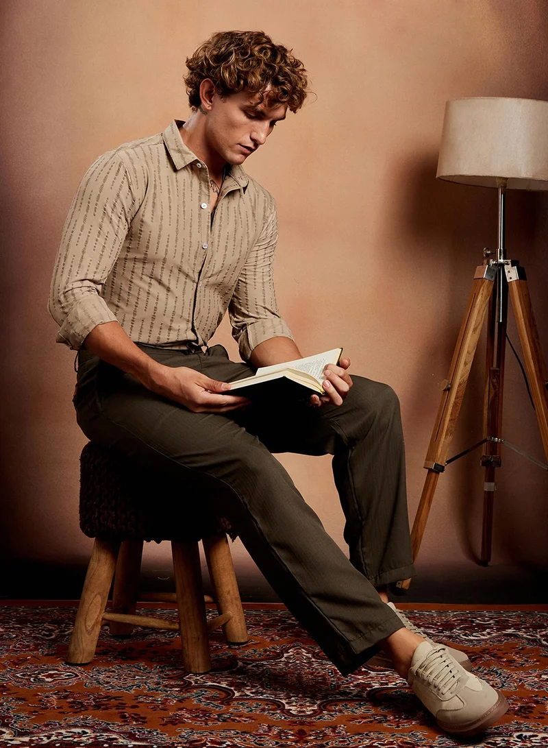 Campus Sutra Campus Sutra Men's Sand Beige Tassel-Weave Shirt For Casual Wear | Spread Collar | Long Cuffed Sleeves | Button Closure | Shirt Crafted With Comfort Fit For Everyday Wear