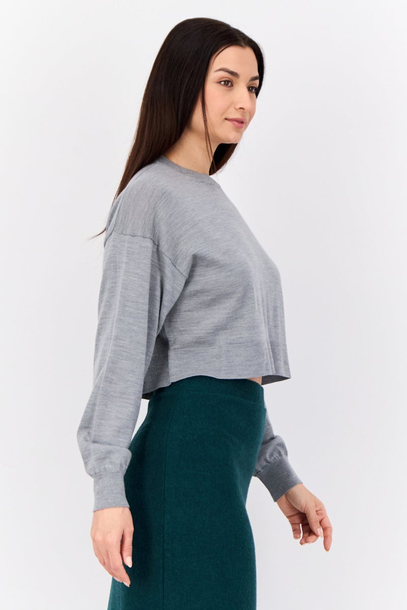 ESPRIT Women Crew Neck Knitted Cropped Sweater, Grey - Image 3