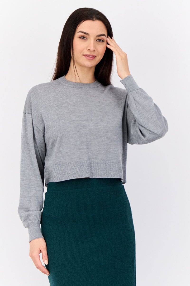 ESPRIT Women Crew Neck Knitted Cropped Sweater, Grey - Image 1
