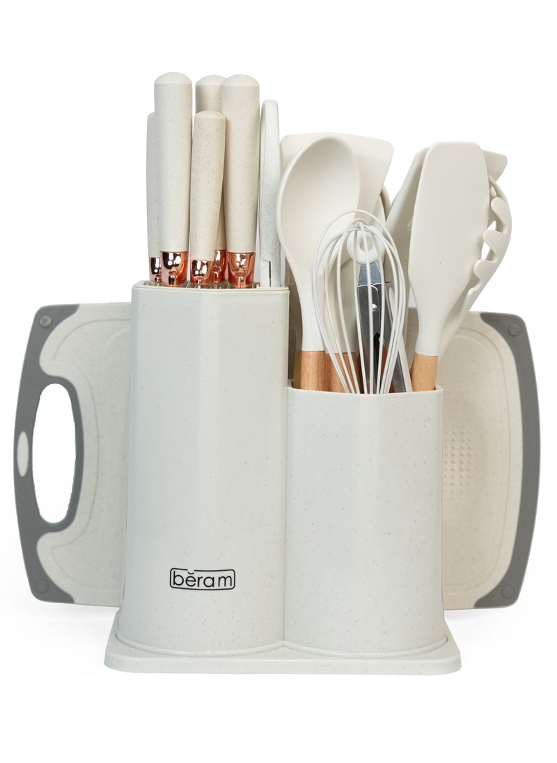 Beram 19 Pieces Knife Set for Kitchen, Cooking Utensils Set, Includes Tongs, Spoon, Spatula & Turner Made of Heat Resistant Food Grade Silicone and Wooden Handles, Non Stick Kitchen Knife Sets and Tools  - Image 1