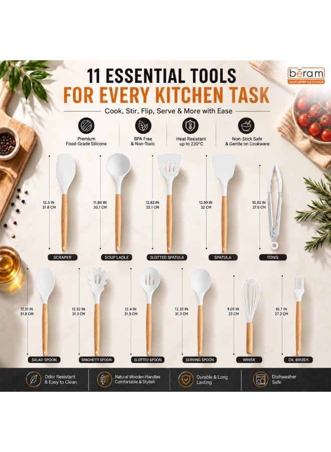 BERAM 19-Piece Silicone Kitchen Utensil Set with Wooden Handles, Heat Resistant Nonstick Cooking Tools, Kitchen Accessories, White - Image 2