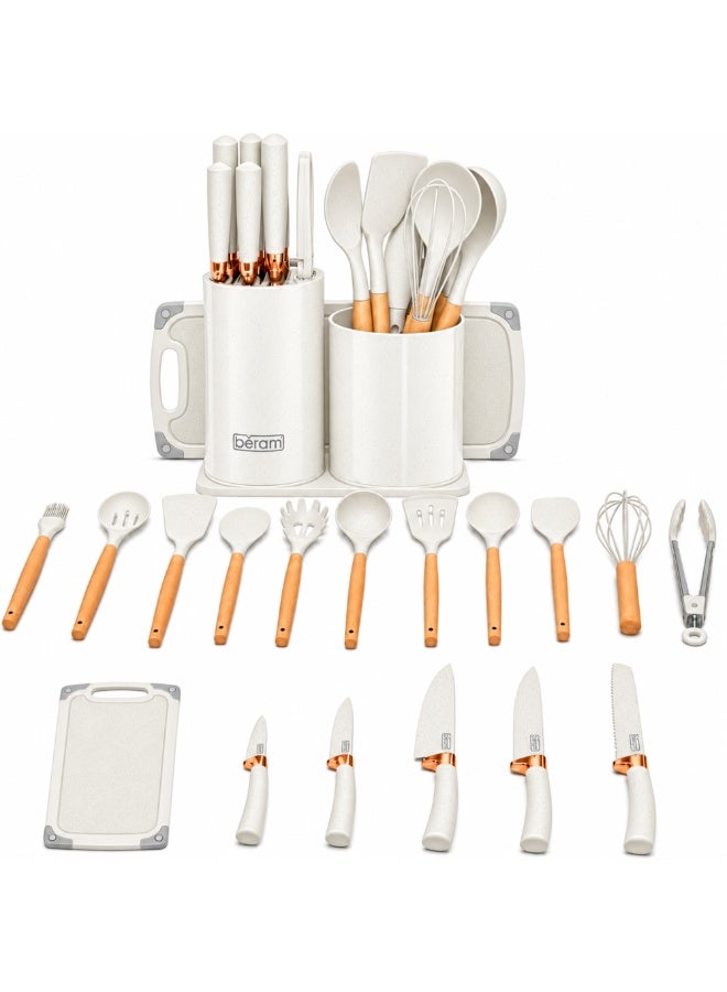 BERAM 19-Piece Silicone Kitchen Utensil Set with Wooden Handles, Heat Resistant Nonstick Cooking Tools, Kitchen Accessories, White - Image 1