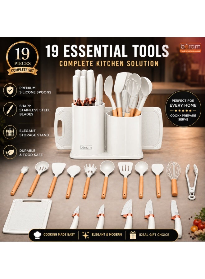 BERAM 19-Piece Silicone Kitchen Utensil Set with Wooden Handles, Heat Resistant Nonstick Cooking Tools, Kitchen Accessories, White - Image 3