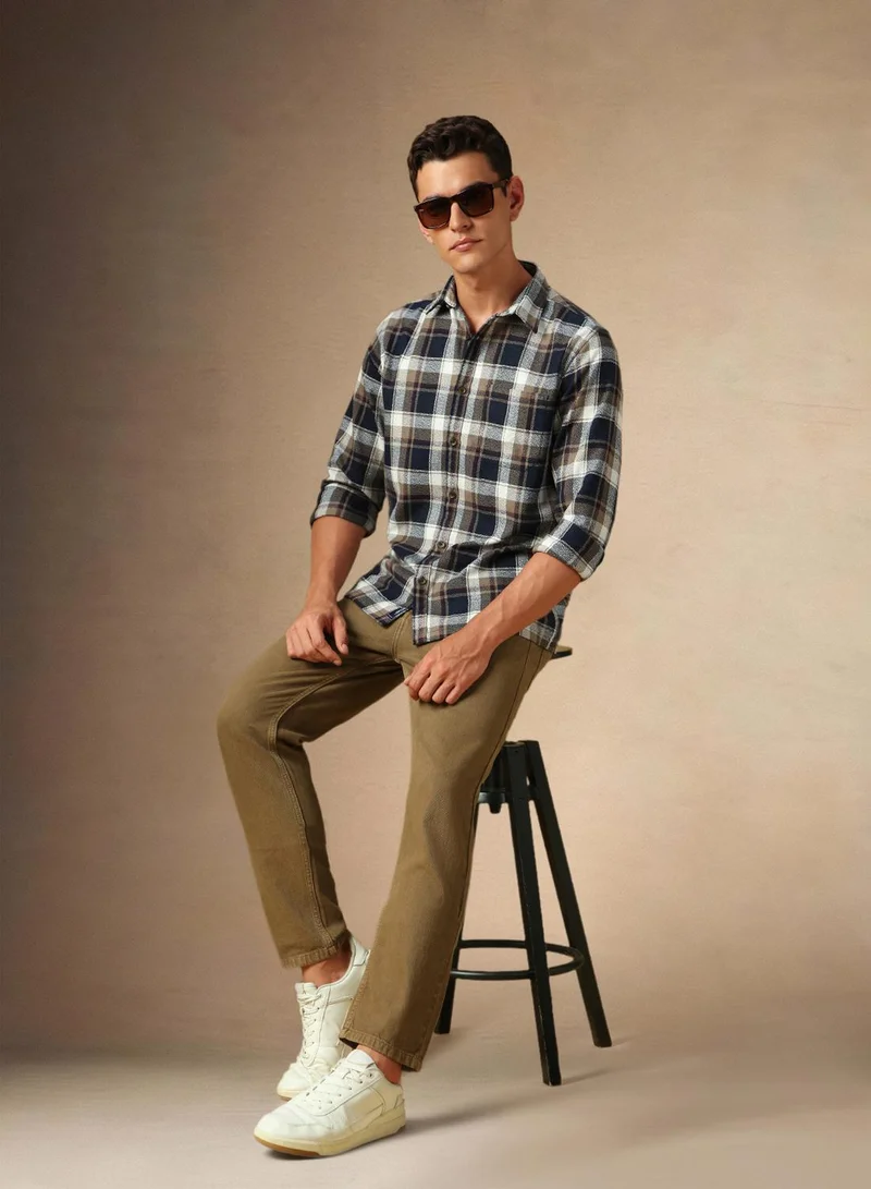 Dennis Lingo Men's Navy Cotton Blend Checkered Shirt