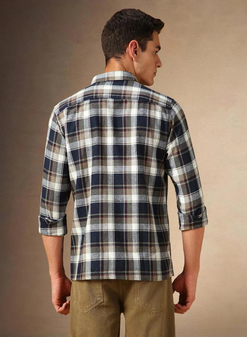Dennis Lingo Men's Navy Cotton Blend Checkered Shirt