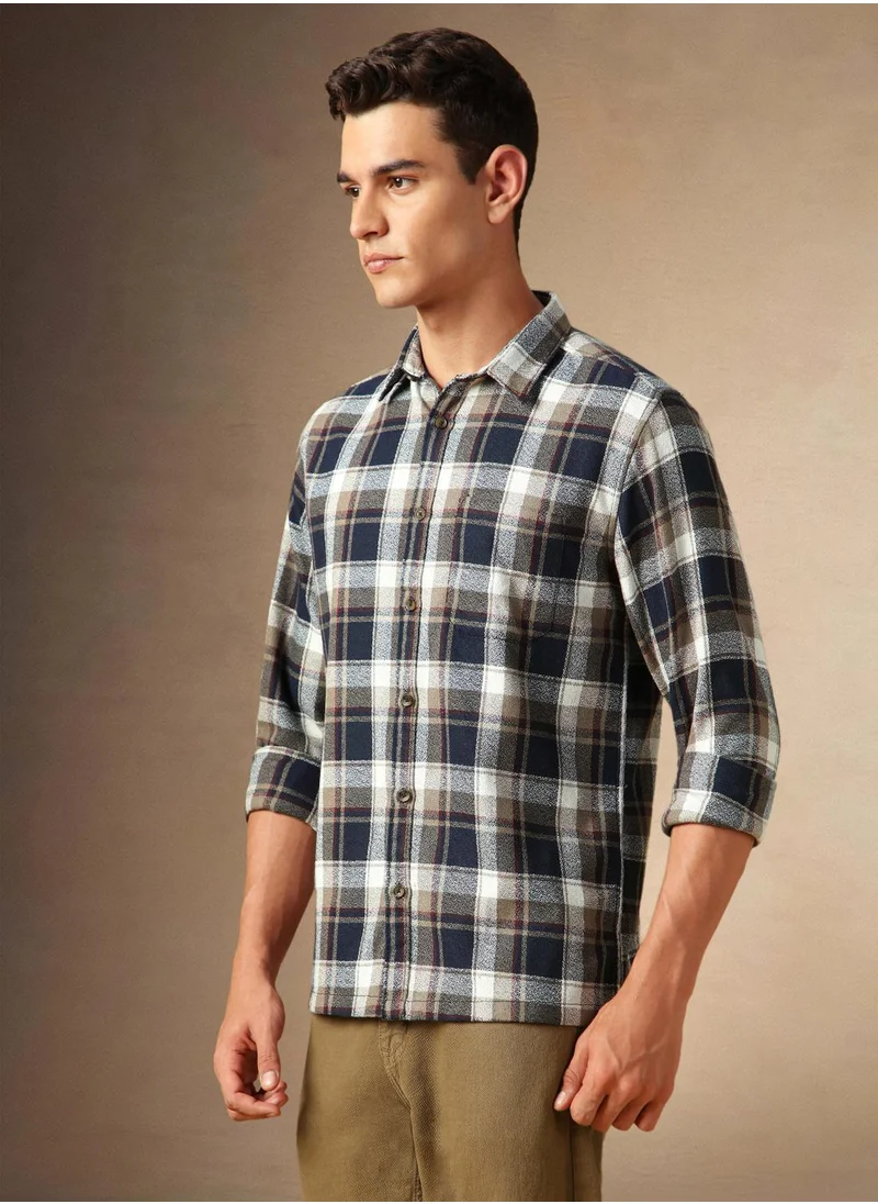 Dennis Lingo Men's Navy Cotton Blend Checkered Shirt