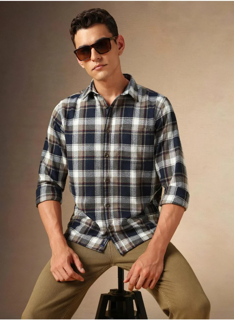 Dennis Lingo Men's Navy Cotton Blend Checkered Shirt