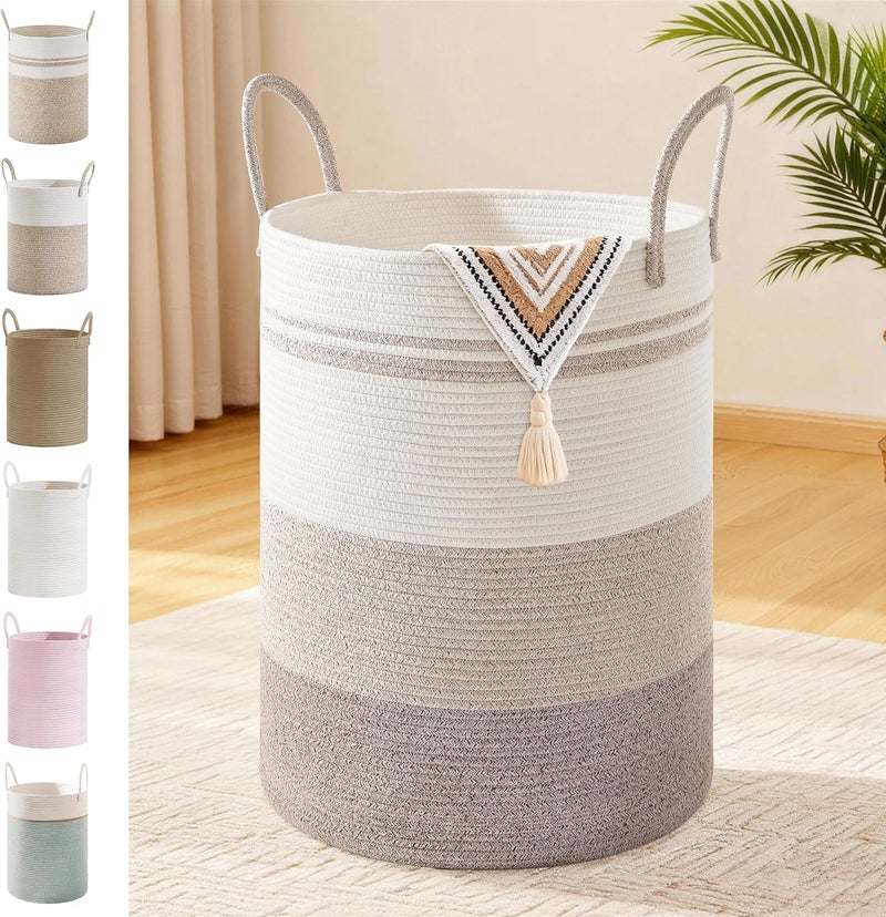 SunNewt Tall Laundry Basket with Handles, 72L Portable Dirty Clothes Hamper, Boho Cotton Rope Storage Bin for Blankets Kids Toys Gifts, Large Organizer for Baby Nursery Bedroom Bathroom, Brown Striped - Image 1