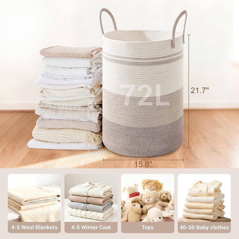 SunNewt Tall Laundry Basket with Handles, 72L Portable Dirty Clothes Hamper, Boho Cotton Rope Storage Bin for Blankets Kids Toys Gifts, Large Organizer for Baby Nursery Bedroom Bathroom, Brown Striped - Image 2