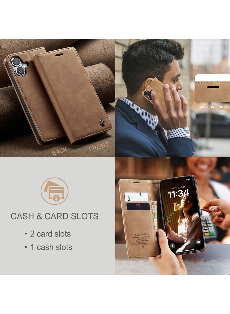 CaseMe iPhone 16 Case Wallet Case Book Folding Flip Folio Case with Magnetic Kickstand Card Slots Protective Cover - Brown