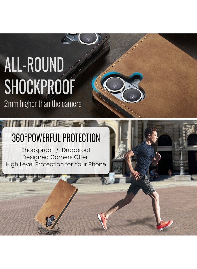 CaseMe iPhone 16 Case Wallet Case Book Folding Flip Folio Case with Magnetic Kickstand Card Slots Protective Cover - Brown