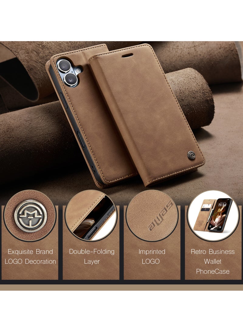 CaseMe iPhone 16 Case Wallet Case Book Folding Flip Folio Case with Magnetic Kickstand Card Slots Protective Cover - Brown