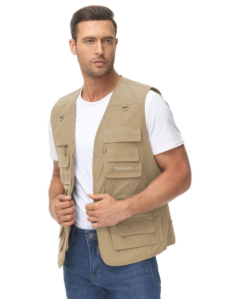 Lentta Men's Fishing Vest Summer Outdoor Work Safari Photo Cargo Vest 14 Pockets(PoplinKhaki-XXL) - Image 2
