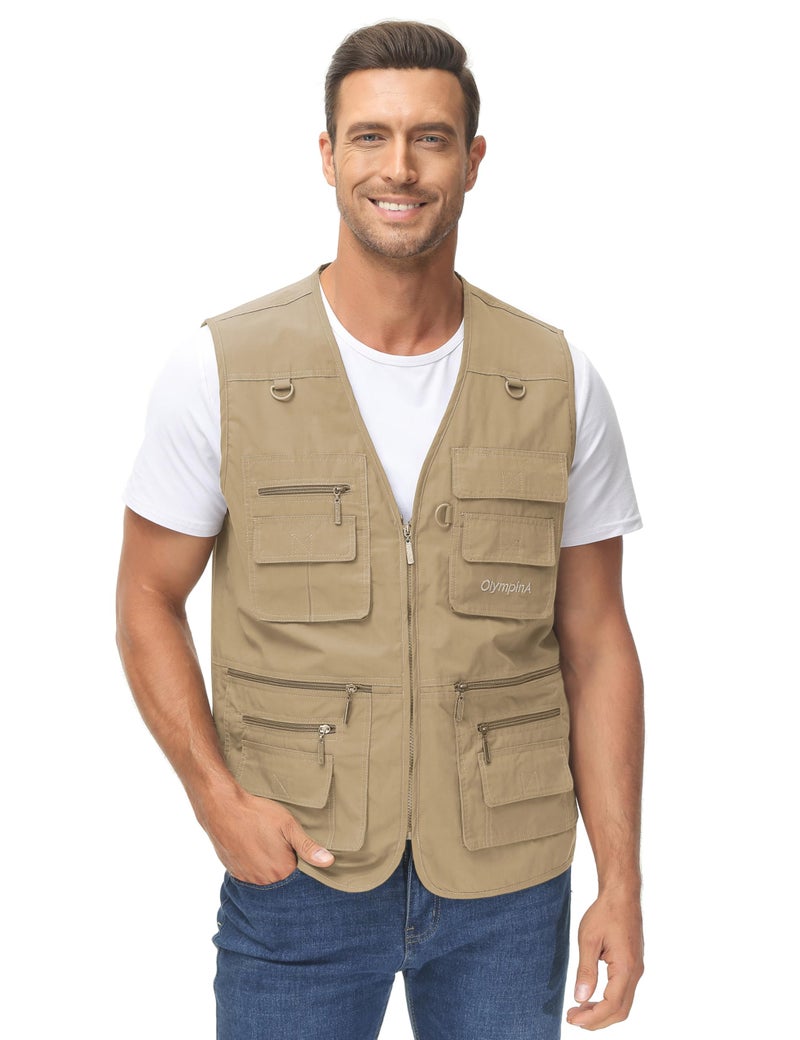 Lentta Men's Fishing Vest Summer Outdoor Work Safari Photo Cargo Vest 14 Pockets(PoplinKhaki-XXL) - Image 4