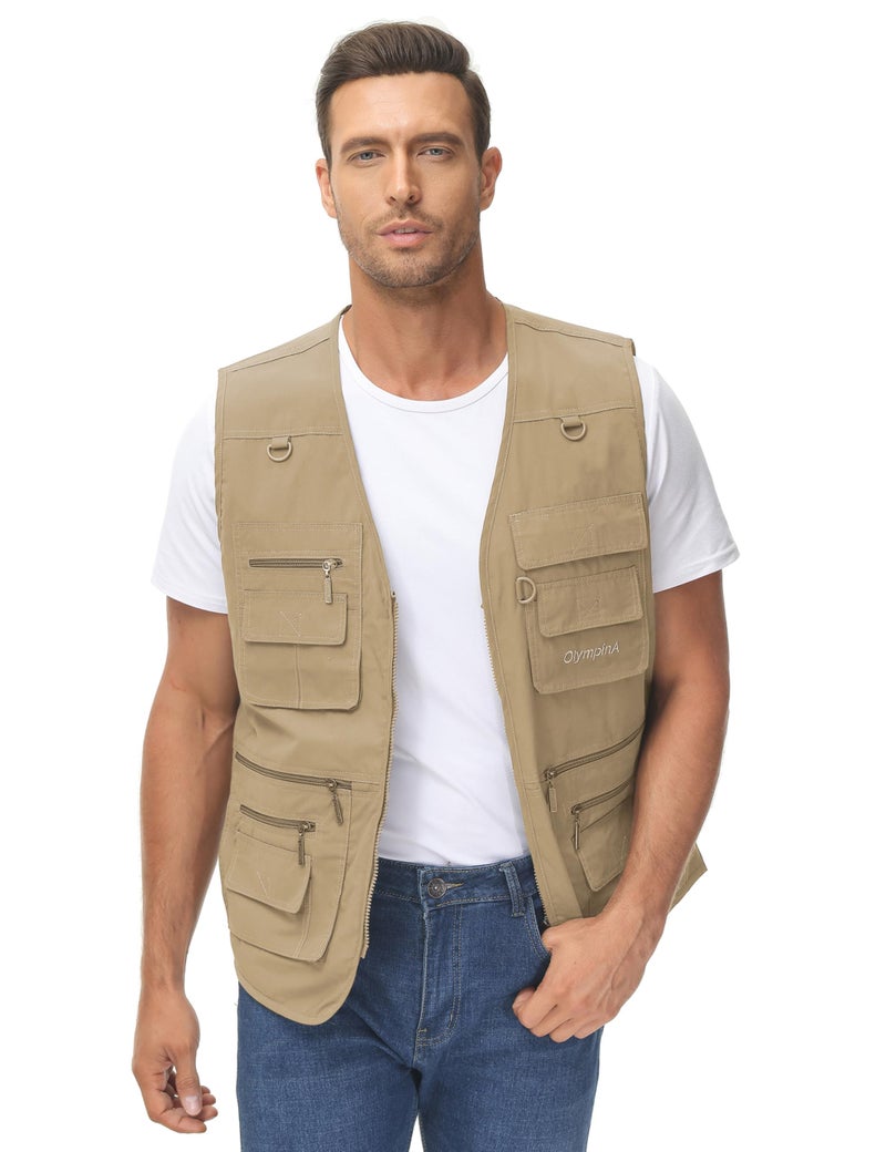 Lentta Men's Fishing Vest Summer Outdoor Work Safari Photo Cargo Vest 14 Pockets(PoplinKhaki-XXL) - Image 3