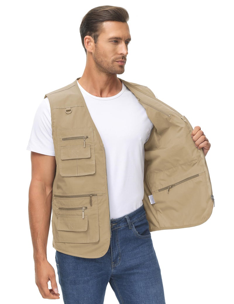 Lentta Men's Fishing Vest Summer Outdoor Work Safari Photo Cargo Vest 14 Pockets(PoplinKhaki-XXL) - Image 5