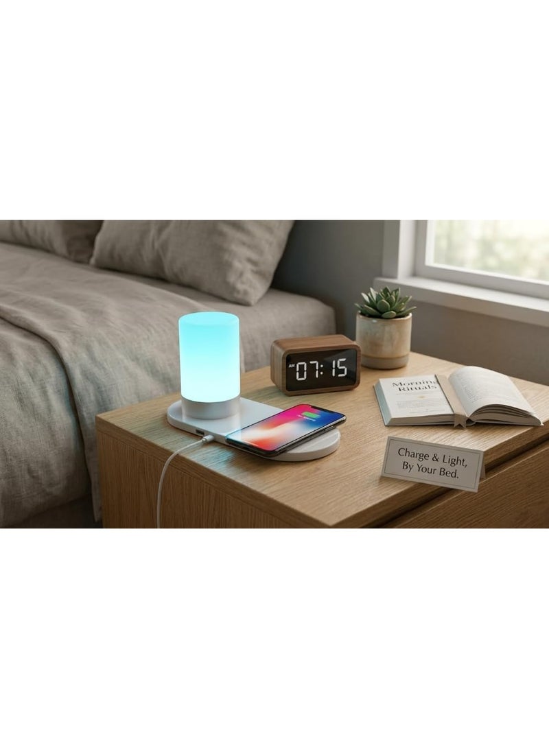 مصباح طاولة LED ذكي مع شاحن لاسلكي Qi سريع ومنفذ USB | إضاءة متعددة الألوان, يعمل باللمس, لغرفة النوم والمكتب, تصميم عصري, أباجورة مكتبية - Image 5