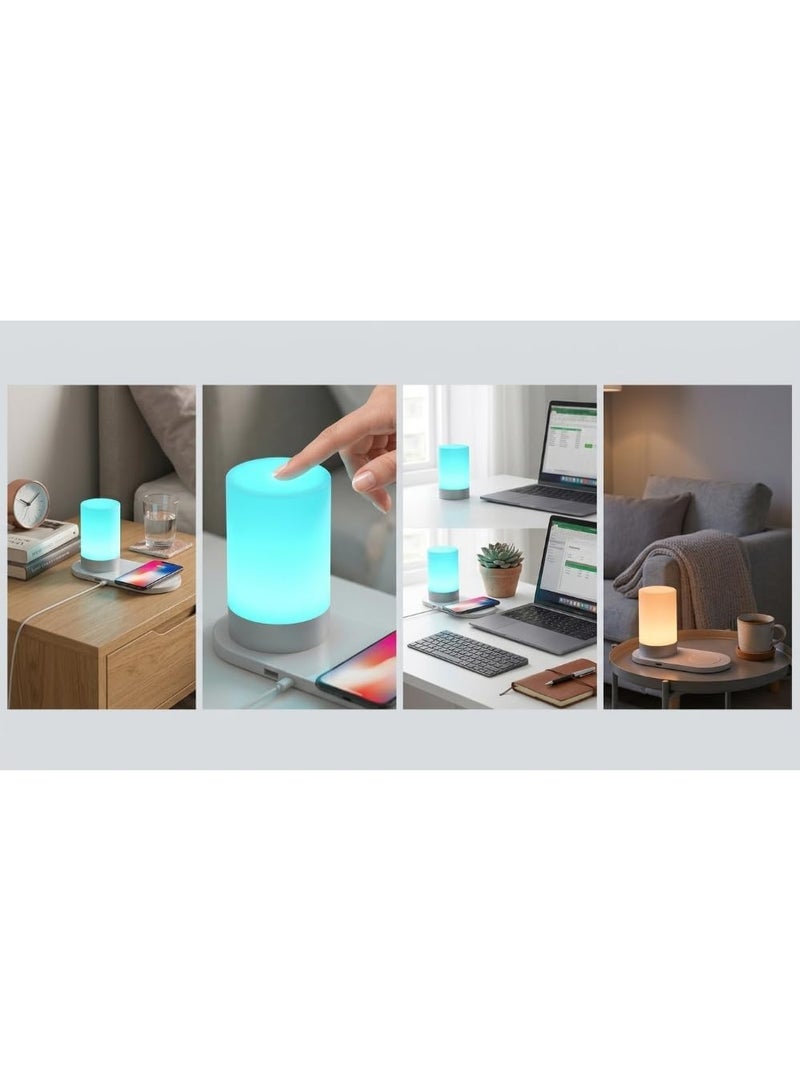 مصباح طاولة LED ذكي مع شاحن لاسلكي Qi سريع ومنفذ USB | إضاءة متعددة الألوان, يعمل باللمس, لغرفة النوم والمكتب, تصميم عصري, أباجورة مكتبية - Image 2