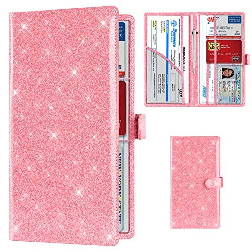 TOURSUIT Car Registration and Insurance Card Holder, Vehicle License Document Glove Box Compartment Organizer, Interior Car Accessories for Women Men (Glitter Pink) - Image 1