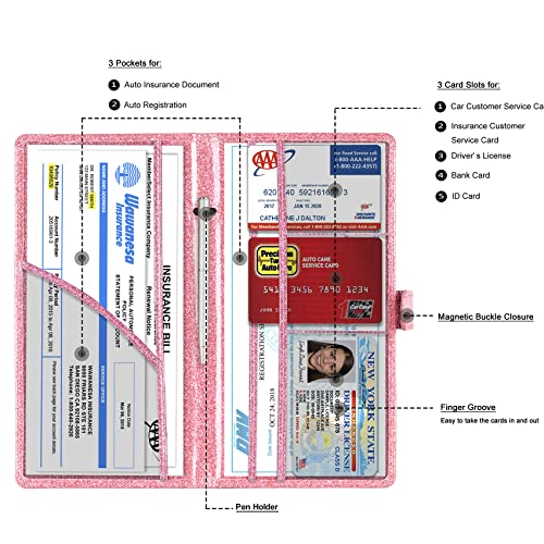 TOURSUIT Car Registration and Insurance Card Holder, Vehicle License Document Glove Box Compartment Organizer, Interior Car Accessories for Women Men (Glitter Pink) - Image 2