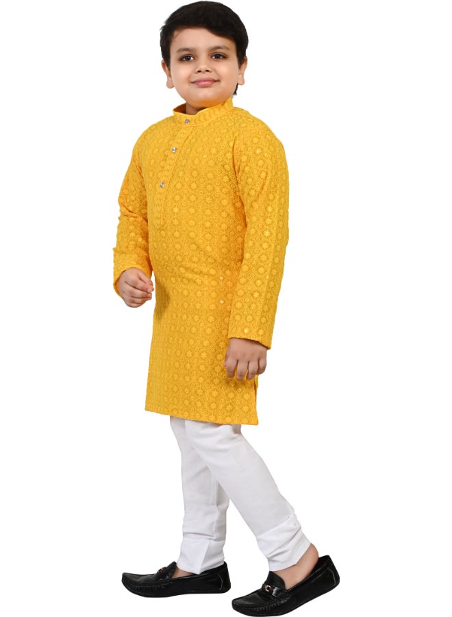 BT DEZINES Yellow Chikankari Kurta and Pyjama Set for Boys - Image 3