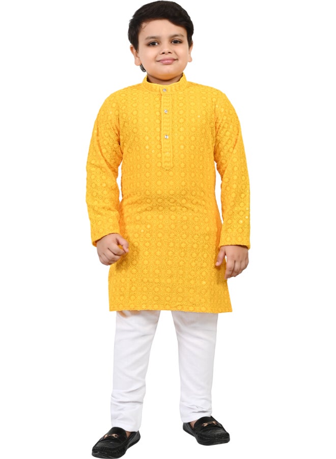 BT DEZINES Yellow Chikankari Kurta and Pyjama Set for Boys - Image 1