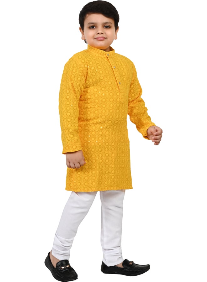 BT DEZINES Yellow Chikankari Kurta and Pyjama Set for Boys - Image 4
