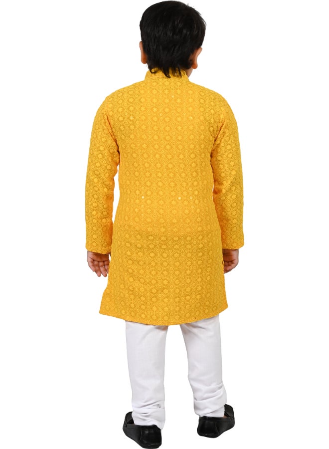BT DEZINES Yellow Chikankari Kurta and Pyjama Set for Boys - Image 2