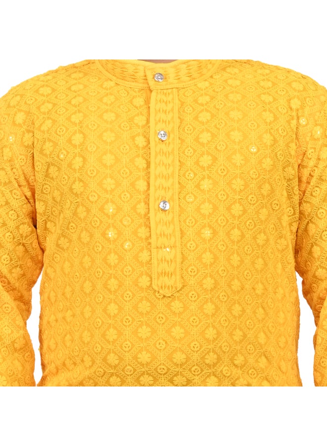 BT DEZINES Yellow Chikankari Kurta and Pyjama Set for Boys - Image 5