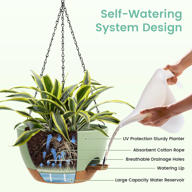 UOUZ Set of 3-10 Inch Self Watering Hanging Planters for Indoor & Outdoorï¼ŒHanging Plant Pots with Drainage & Removable Tray, Hanging Pots Holder for Ivy, Ferns, Balcony & Patio, Green and Brown - Image 4