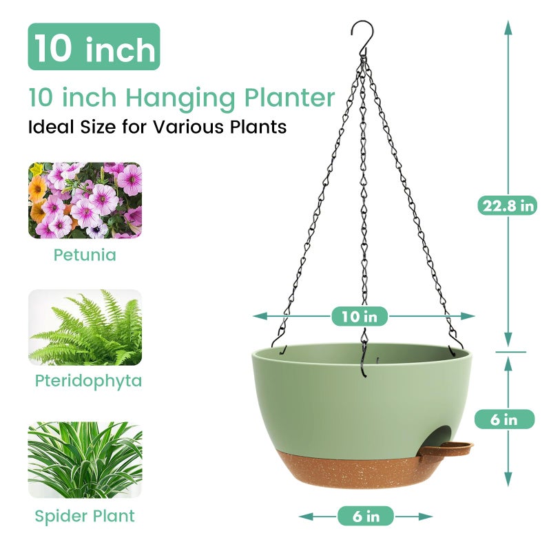UOUZ Set of 3-10 Inch Self Watering Hanging Planters for Indoor & Outdoorï¼ŒHanging Plant Pots with Drainage & Removable Tray, Hanging Pots Holder for Ivy, Ferns, Balcony & Patio, Green and Brown - Image 3