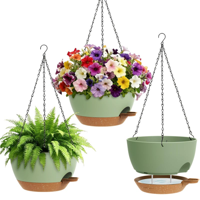 UOUZ Set of 3-10 Inch Self Watering Hanging Planters for Indoor & Outdoorï¼ŒHanging Plant Pots with Drainage & Removable Tray, Hanging Pots Holder for Ivy, Ferns, Balcony & Patio, Green and Brown - Image 1
