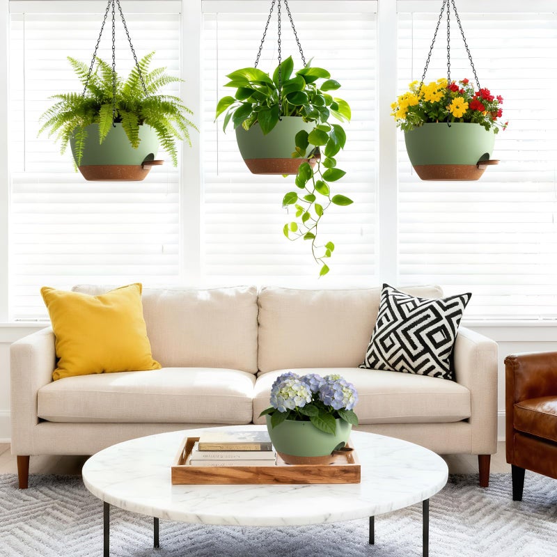 UOUZ Set of 3-10 Inch Self Watering Hanging Planters for Indoor & Outdoorï¼ŒHanging Plant Pots with Drainage & Removable Tray, Hanging Pots Holder for Ivy, Ferns, Balcony & Patio, Green and Brown - Image 2