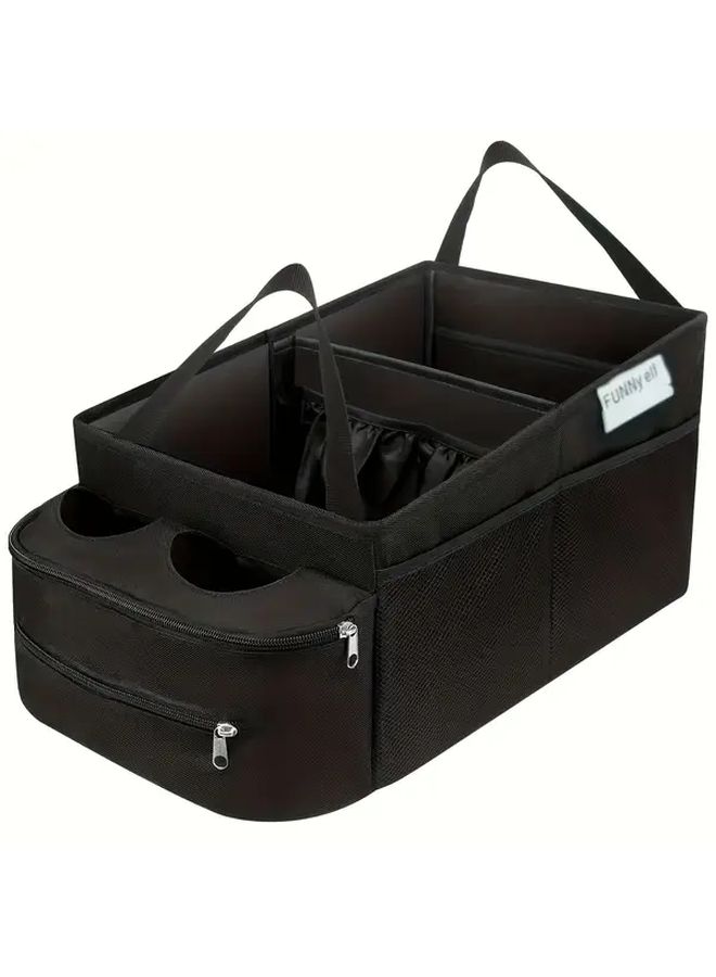 Collapsible Car Storage Box Red Stripes Passenger Seat Organizer With Partitions And 2 Cup Holders For Front Rear Seat - Image 1