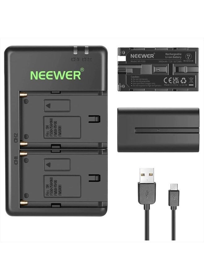 Neewer - NEEWER NP-F550 Battery Charger Set Compatible with Sony NP-F970 F750 F770 F960 F550 F530 F330 F570 CCD-SC55 TR516 TR716 TR818 TR910 TR917, NEEWER Led Light/Monitor/Camera Slider (2 Pack, Black) - Image 1