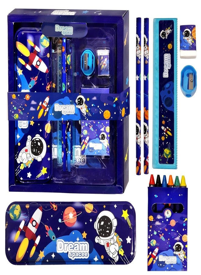 SHIVOM Space Theme Stationery Kit for Kids, 12 Pieces, Educational Learning Set with Pencils, Eraser, Scale, Sharpener and Compass Box, Birthday Return Gift - Image 1