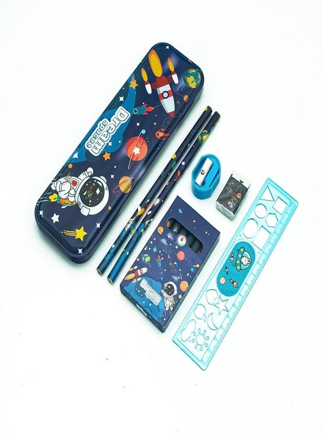 SHIVOM Space Theme Stationery Kit for Kids, 12 Pieces, Educational Learning Set with Pencils, Eraser, Scale, Sharpener and Compass Box, Birthday Return Gift - Image 2