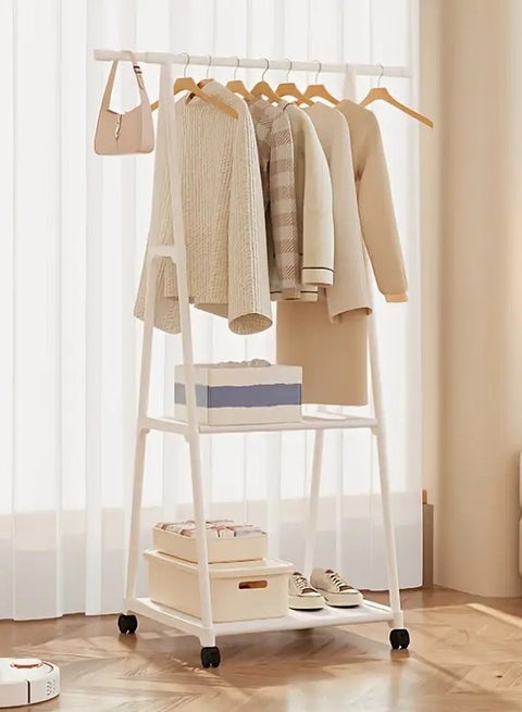 Metal Clothes Rack Multifunctional Garment Stand with Wheels Suitable for Bedroom Laundry Room White
