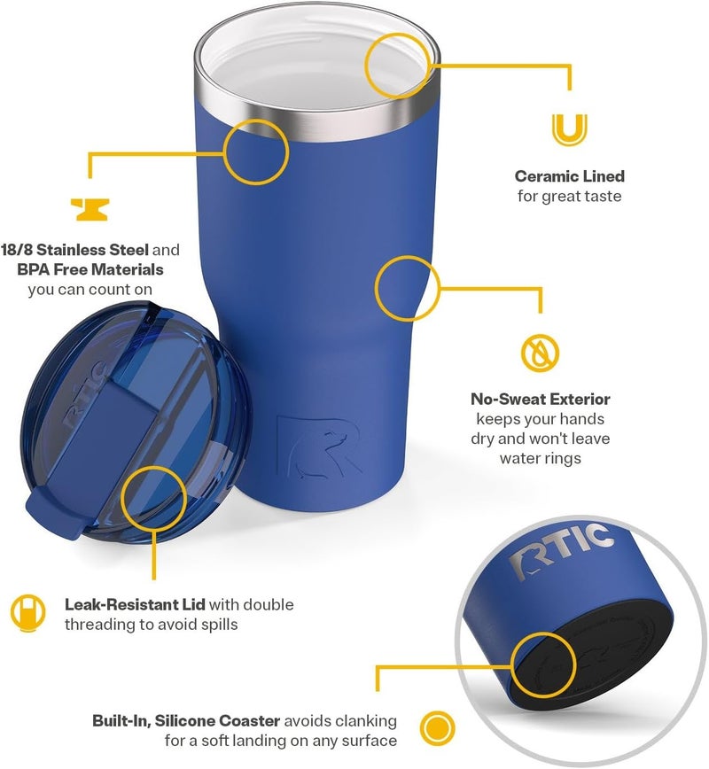 RTIC 30oz Essential Tumbler with Lid, Ceramic Lined, Insulated, Stainless Steel, Metal, Double Wall Vacuum-Insulation, Travel Cup for Iced Coffee, Tea, Hot and Cold Drink, Cobalt - Image 2