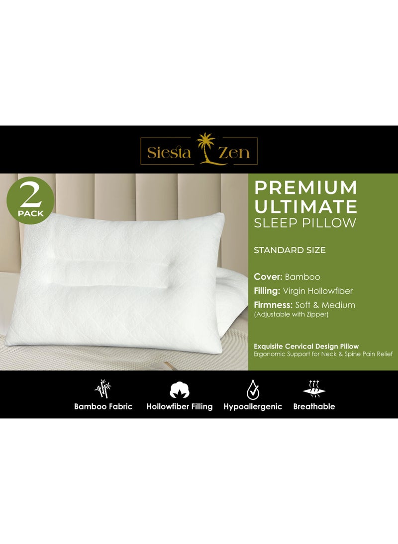 Siesta Zen Ultimate Sleep Bamboo Filled Pillow (Pack of 2) Standard Size Ergonomic Bed Pillows with Zipper, Virgin Hollowfiber Fill, Hypoallergenic, Breathable, Cervical Neck Support for Side Sleepers (2, White) - Image 5