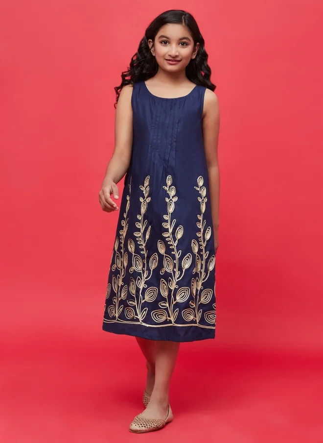 AKS Navy Blue Floral Embroidered A-Line Midi Dress for Girls