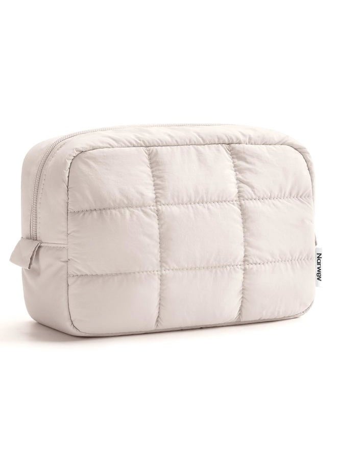 Narwey Puffer Travel Makeup Bag for Women Girl, Quilted Puffy Cosmetic Bag Make Up Bag Organizer, Cute Travel Toiletry Bag for Toiletries (Beige) - Image 1