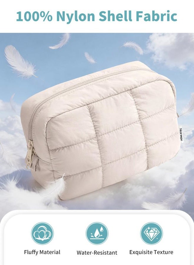 Narwey Puffer Travel Makeup Bag for Women Girl, Quilted Puffy Cosmetic Bag Make Up Bag Organizer, Cute Travel Toiletry Bag for Toiletries (Beige) - Image 2