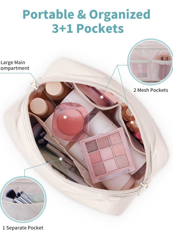 Narwey Puffer Travel Makeup Bag for Women Girl, Quilted Puffy Cosmetic Bag Make Up Bag Organizer, Cute Travel Toiletry Bag for Toiletries (Beige) - Image 3