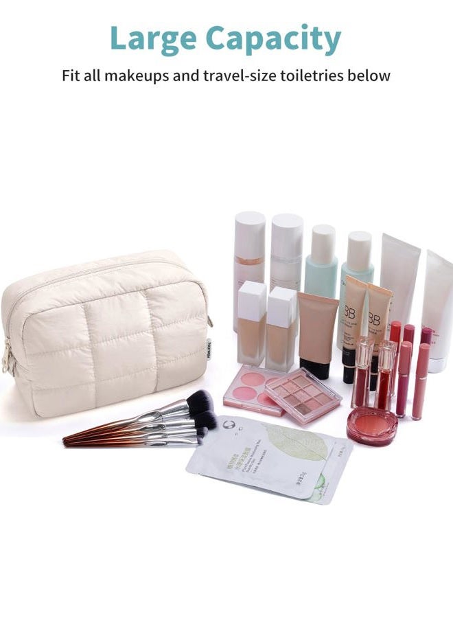 Narwey Puffer Travel Makeup Bag for Women Girl, Quilted Puffy Cosmetic Bag Make Up Bag Organizer, Cute Travel Toiletry Bag for Toiletries (Beige) - Image 5